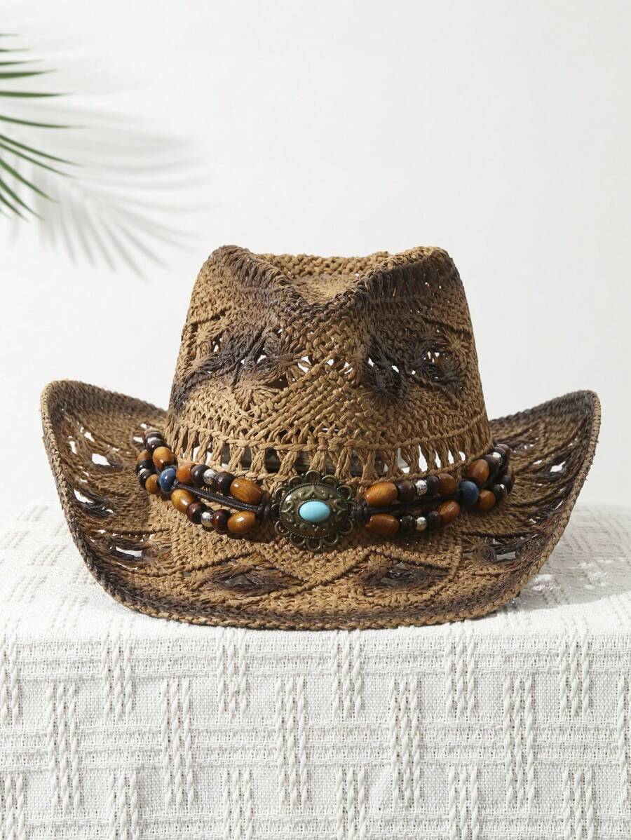 1Pcs Unisex Bead Decor Dyeing  - огляд і ціна Cowboy Hat Straw